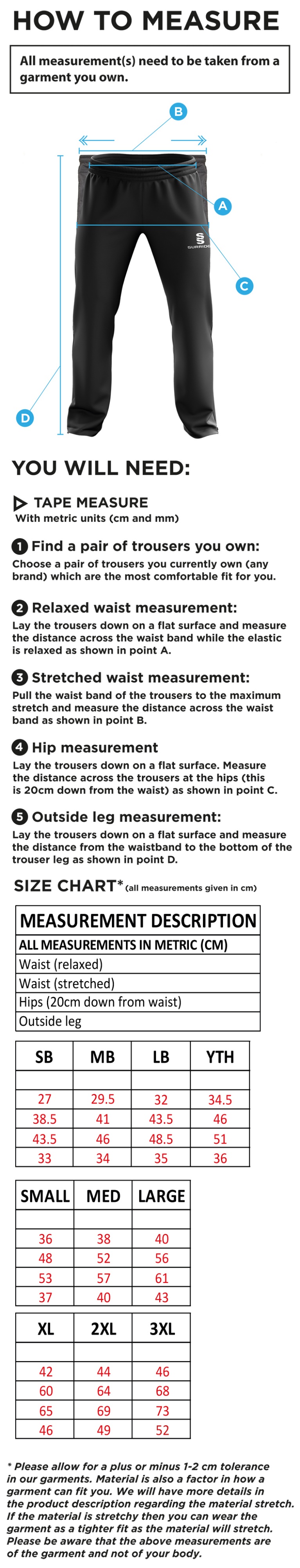 Underriver CC - Ripstop Track Pant - Size Guide