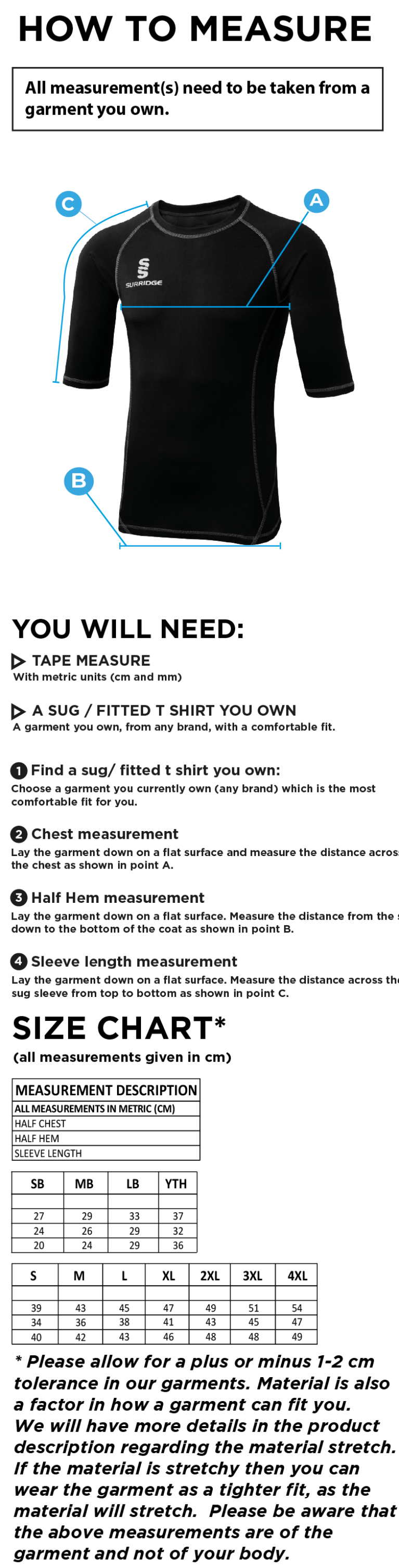 Underriver CC - Premier Short Sleeve Sug - Size Guide