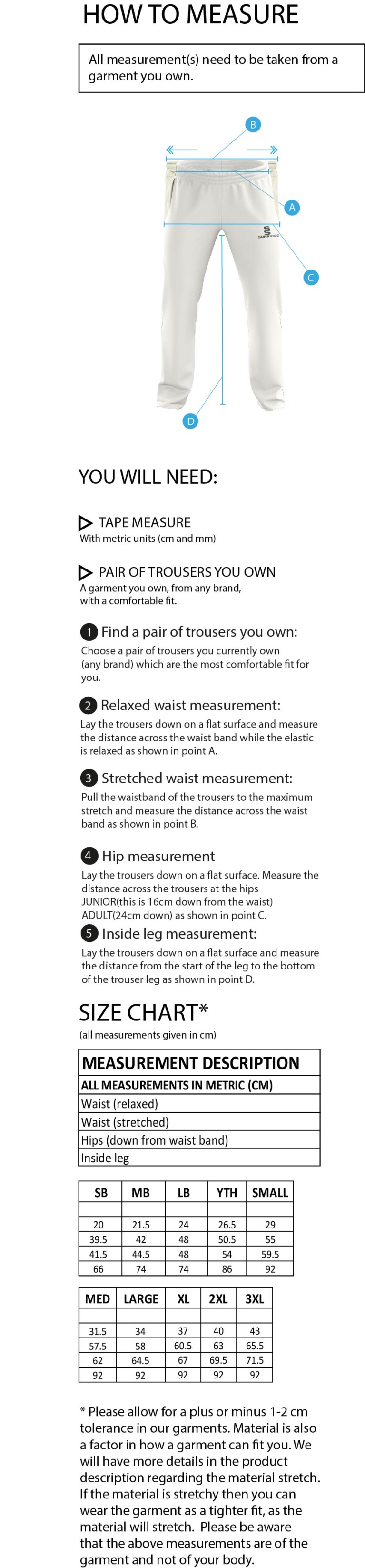 Underriver CC - Standard Playing Pant - Size Guide
