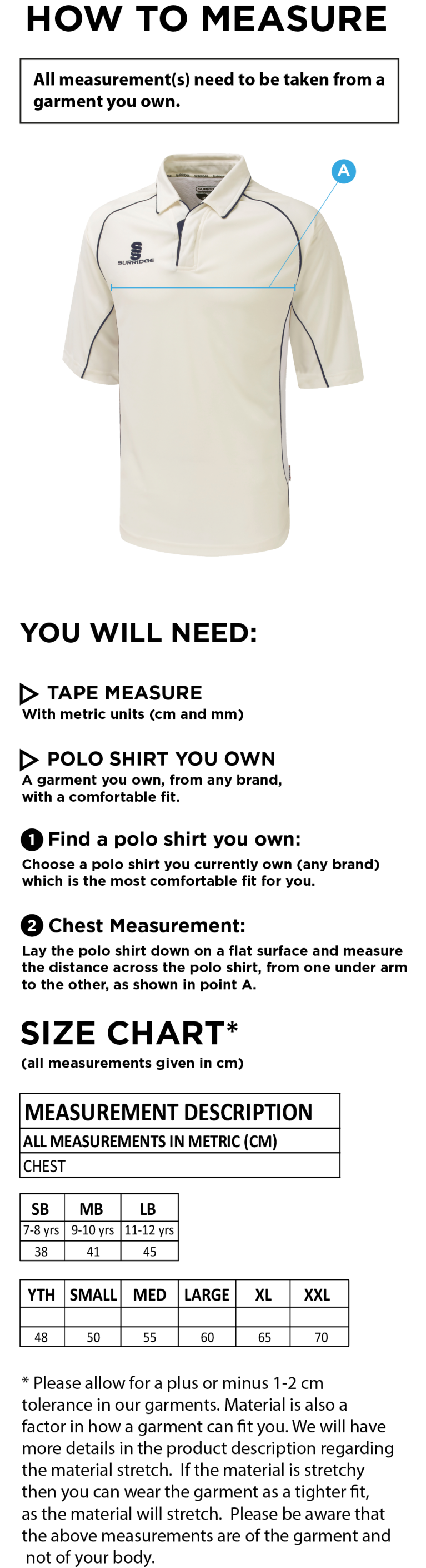 Underriver CC - Premier 3/4 Sleeve Navy Trim Shirt - Size Guide