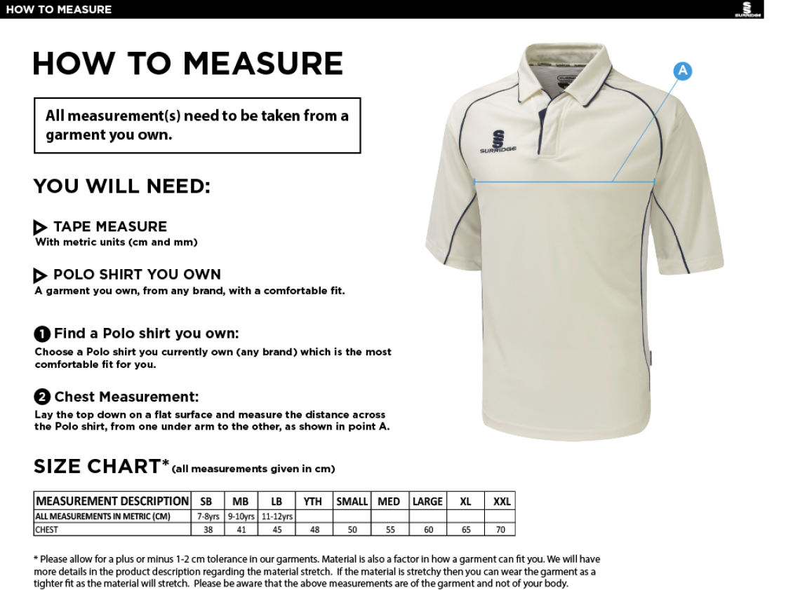 Underriver CC - Premier 3/4 Sleeve Navy Trim Shirt - Size Guide