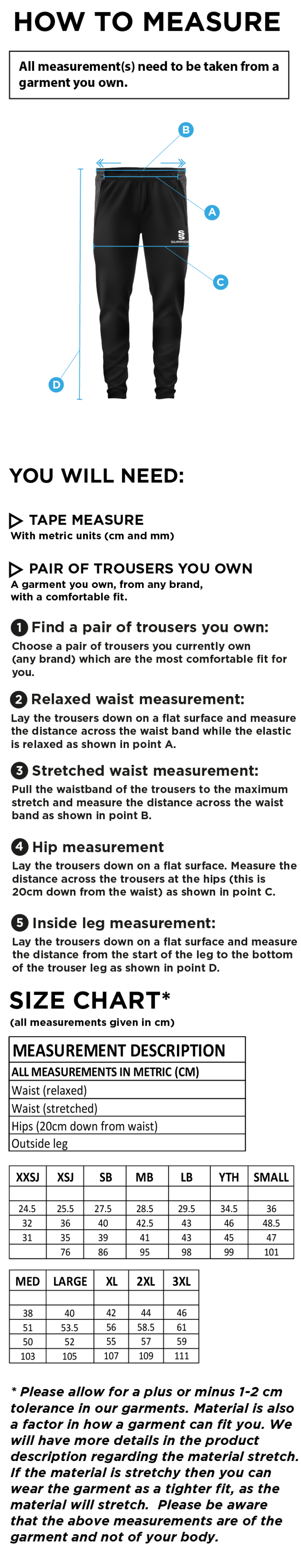 Underriver CC - Tek Slim Pant - Size Guide