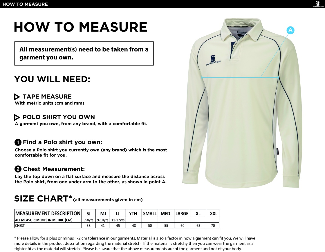 Underriver CC  - Premier Long Sleeve Navy Trim Shirt - Size Guide
