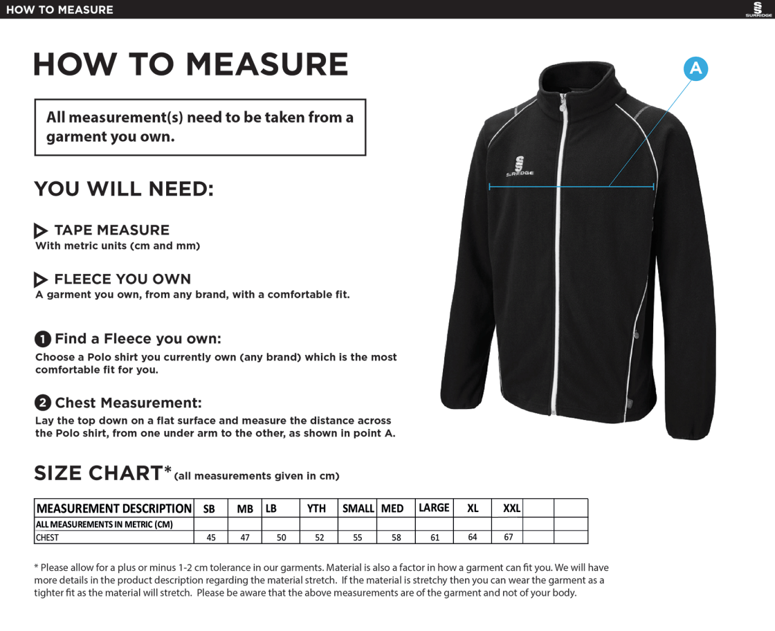 Underriver CC - Curve Full Zip Fleece Jacket - Size Guide
