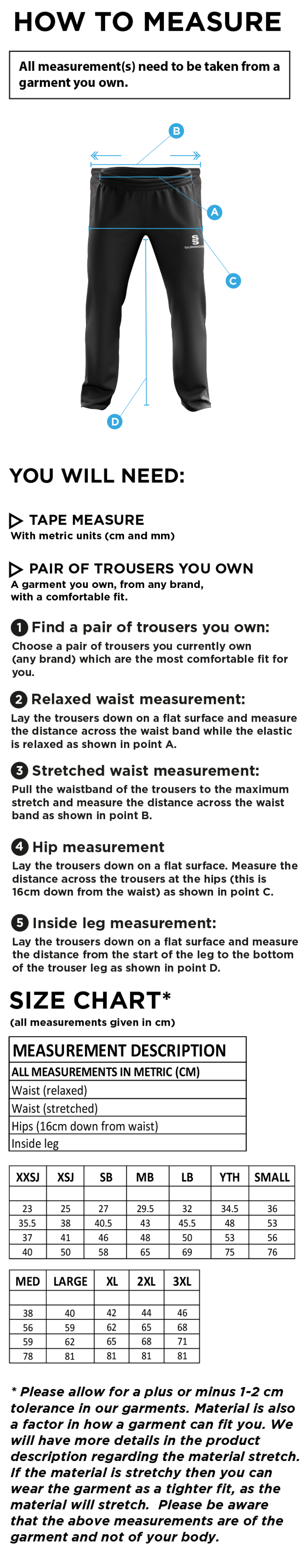Underriver CC - Poplin Track Pant - Size Guide