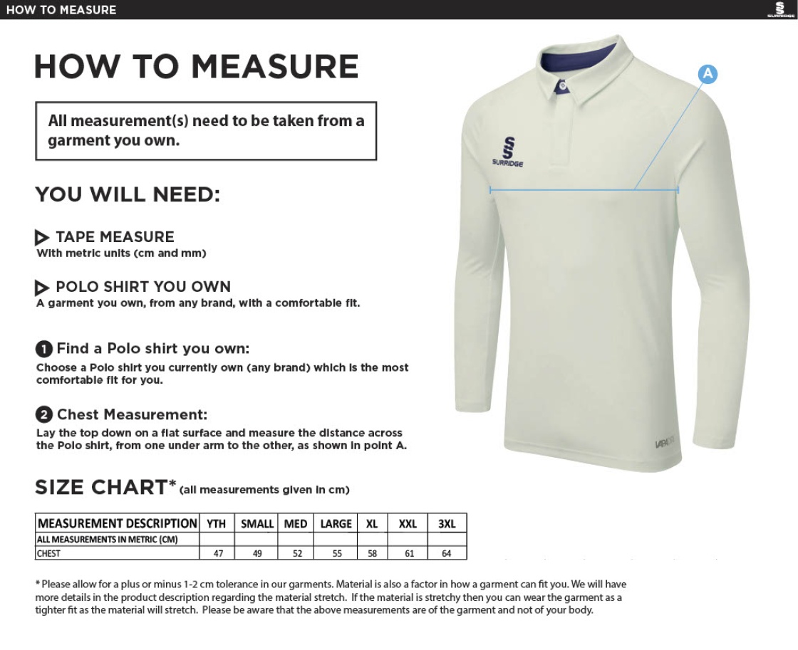 Underriver CC - Ergo Long Sleeve Navy Trim Shirt - Size Guide