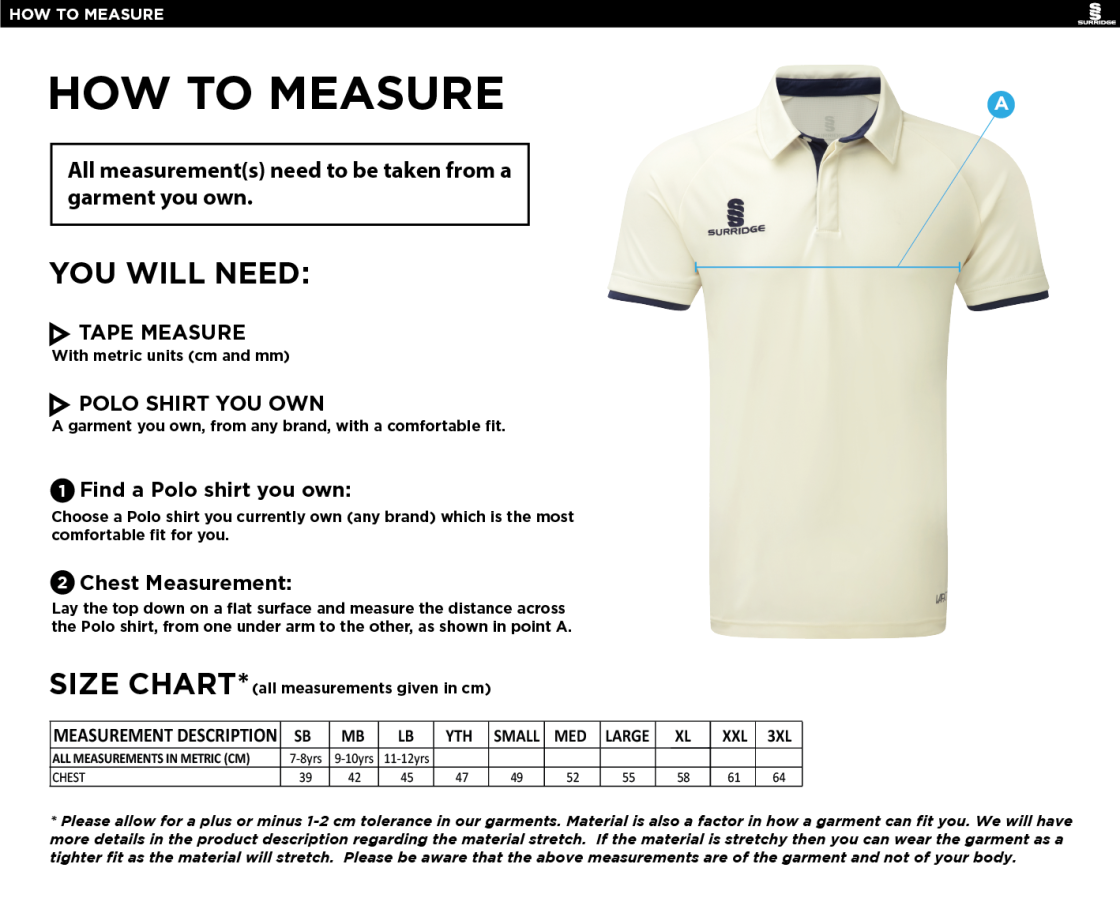 Underriver CC - Ergo Short Sleeve Navy Trim Shirt - Size Guide